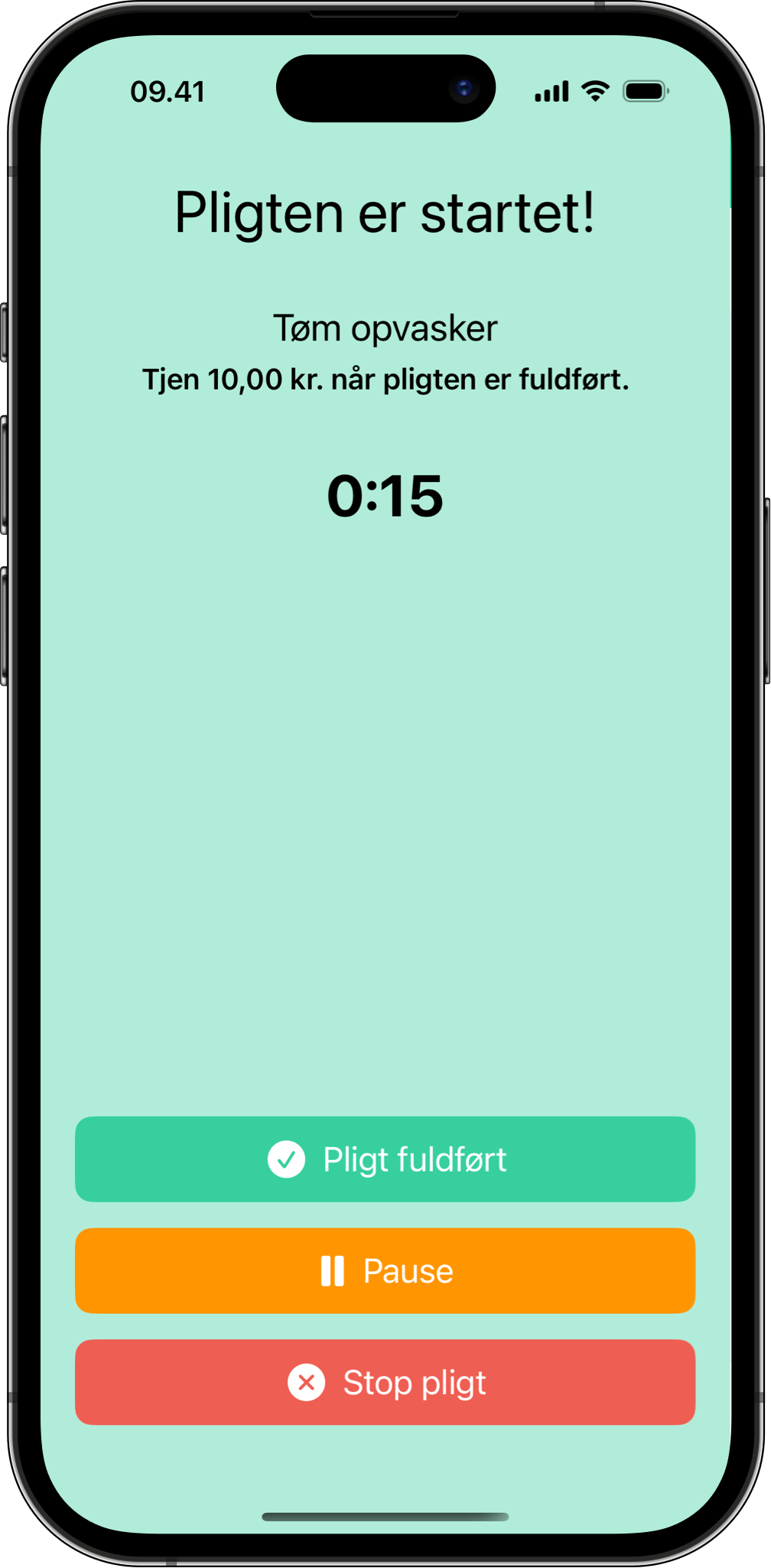 Pligten er i gang – Tjen penge mens du arbejder Skærmbillede af aktiv pligt i Mine Pligter med timer og knapper til at fuldføre, pause eller stoppe pligten.
