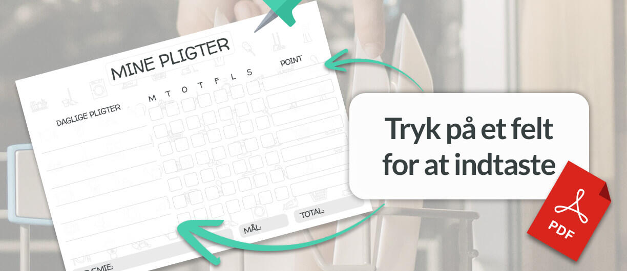 Pligter til en Printbar skema og skabelon til børn – udfyld direkte i PDF’en Illustration af en printbar PDF-skabelon til huslige pligter med ugedage og pointsystem – teksten viser: “Tryk på et felt for at indtaste”.