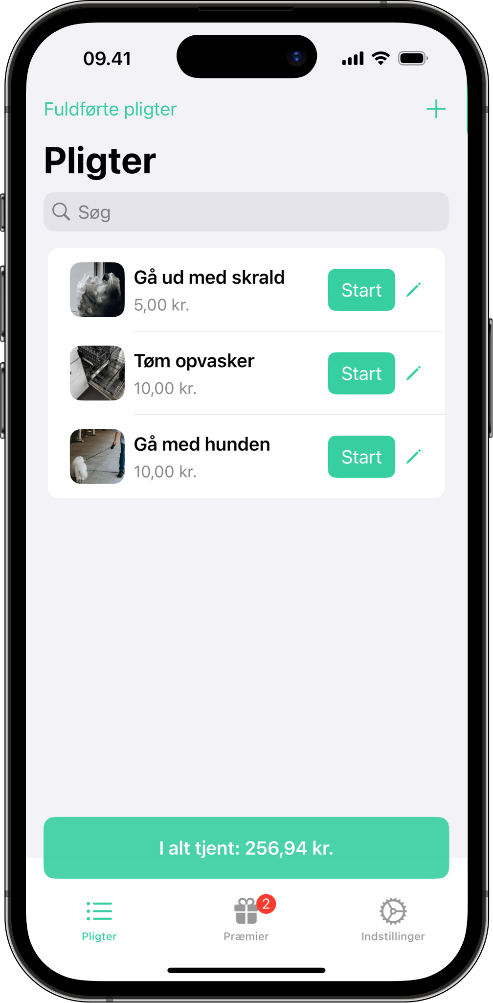 Opret og start pligter i Mine Pligter Skærmbillede af pligtoversigt i Mine Pligter med knap til at starte pligter som “Tøm opvasker” og visning af optjent beløb.