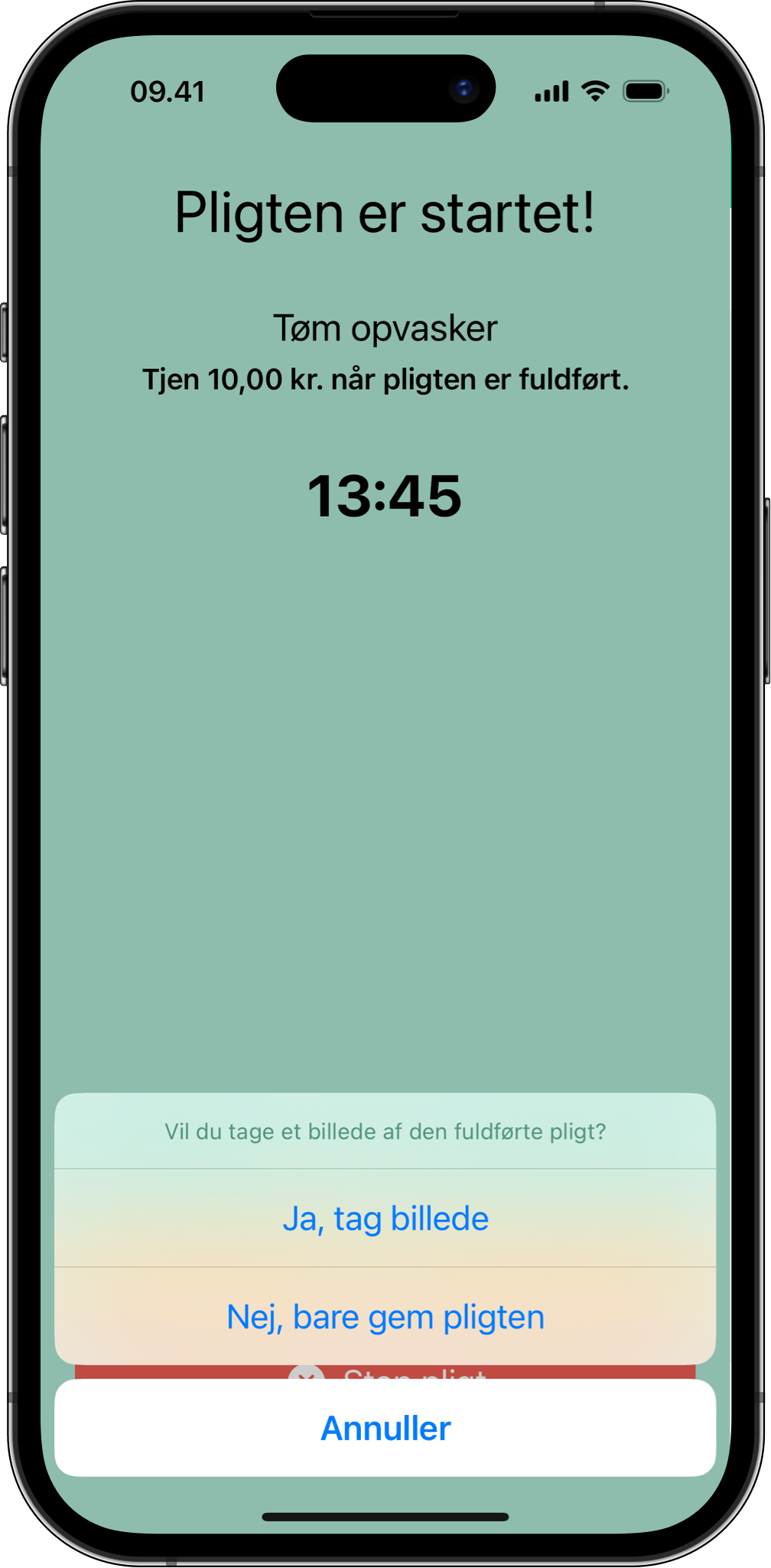 Tag billede som bevis på fuldført pligt Popup i Mine Pligter, hvor brugeren kan vælge at tage et billede som dokumentation for en fuldført pligt.