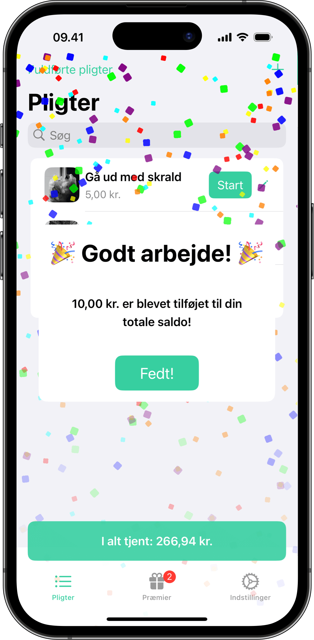 Godt arbejde! Optjen penge og få ros i Mine Pligter Skærmbillede med konfetti og besked om belønning efter en fuldført pligt i Mine Pligter.