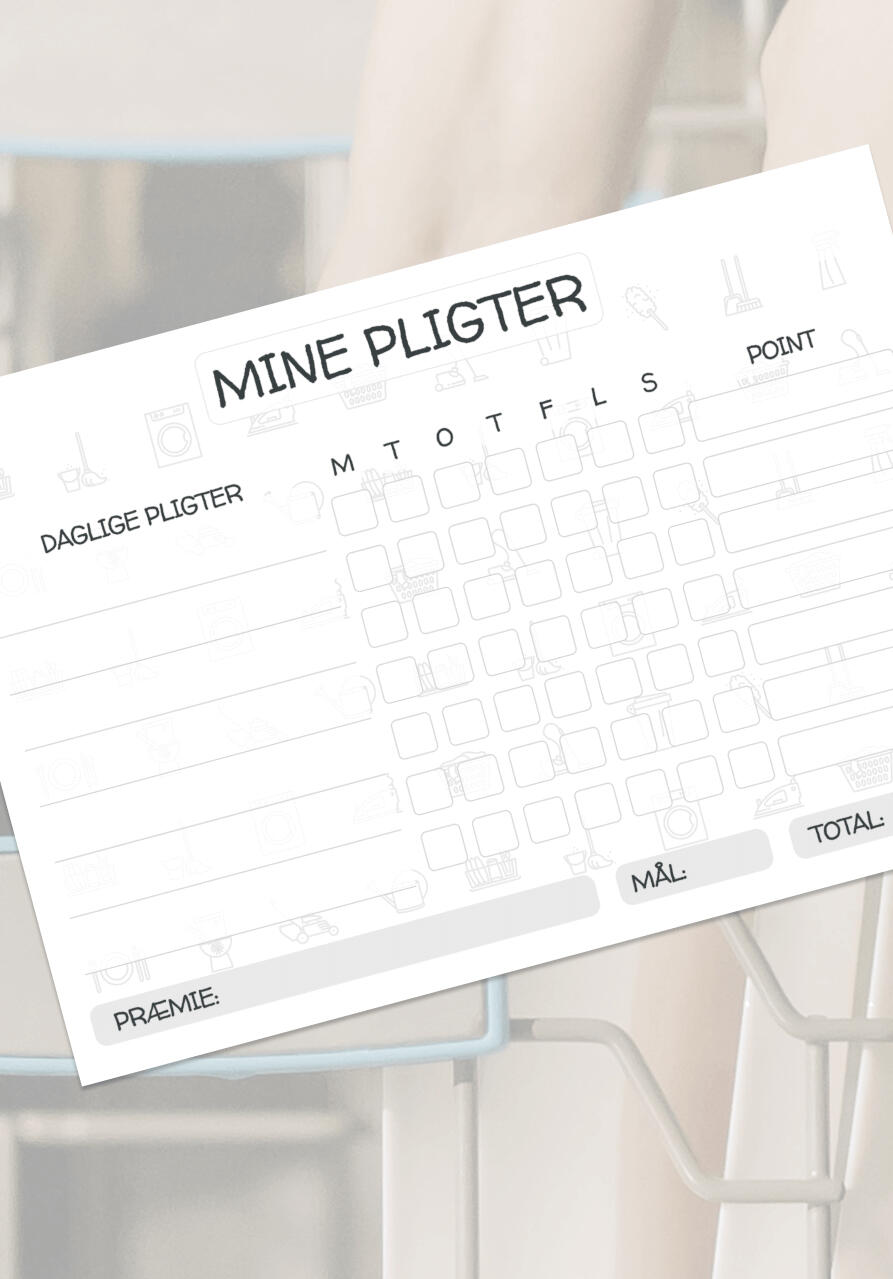 Pligtskema med felter til daglige opgaver, pointtildeling, ugemål og præmie – designet til børn og familier.