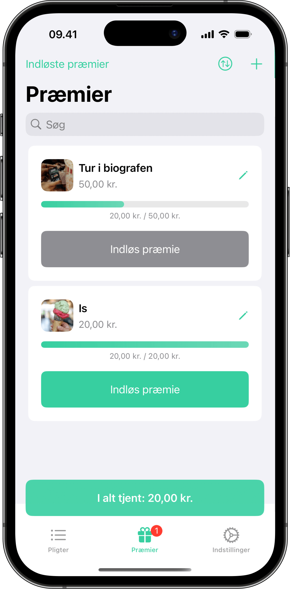 Indløs præmier optjent gennem pligter Skærmbillede fra Mine Pligter med præmier som “Tur i biografen” og “Is” og fremskridt mod indløsning.